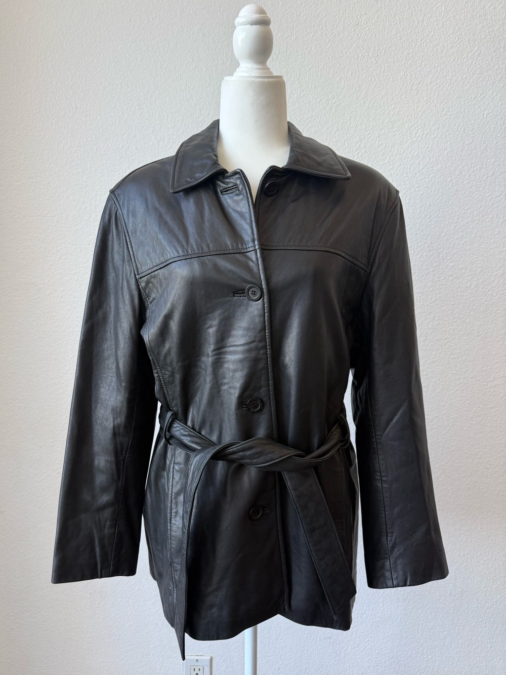 Adler Collection 90’s Black Genuine Lambskin Leather Belted Trench Jacket Coat